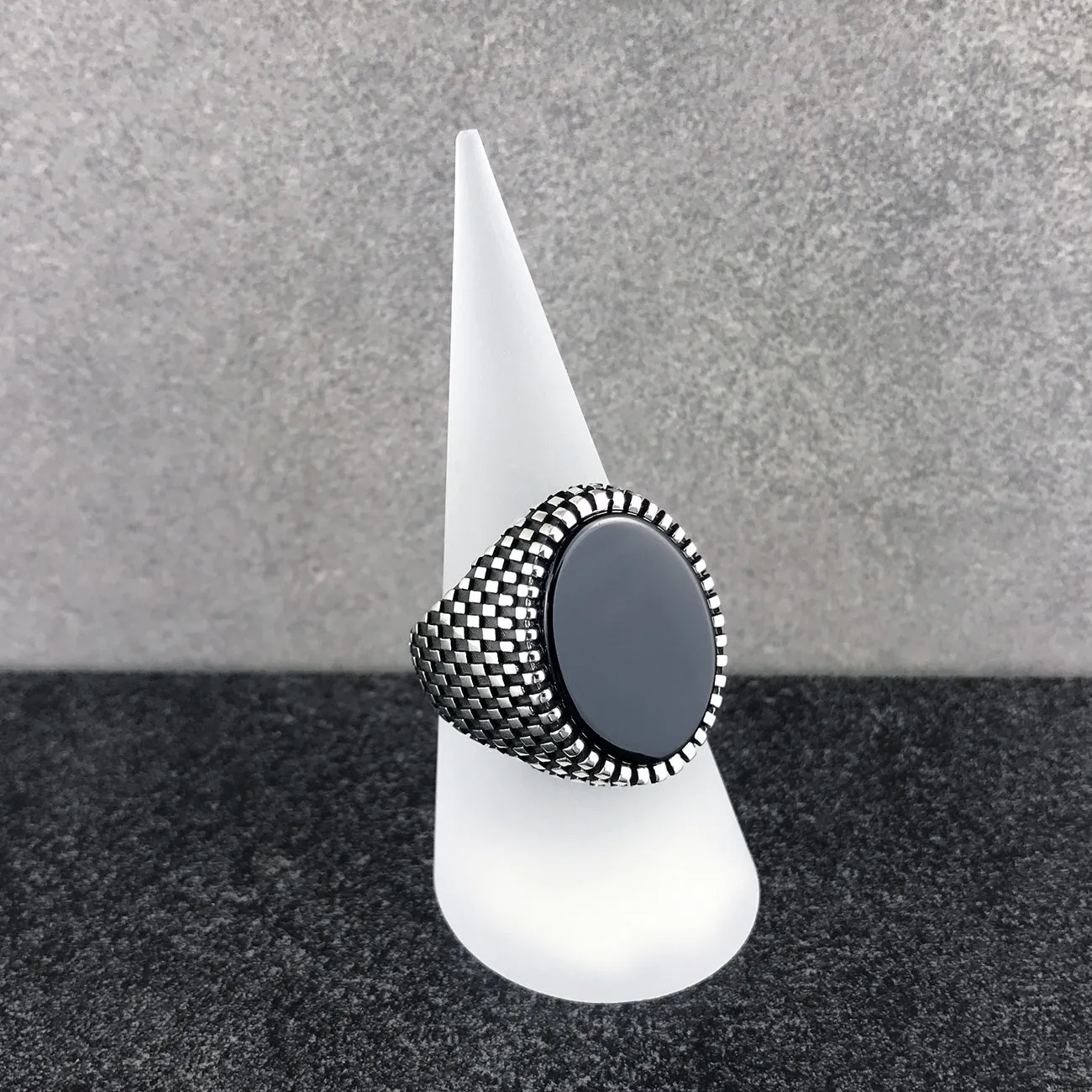 Sterling Silver Ring with Large Oval-shaped Black Onyx Gemstone