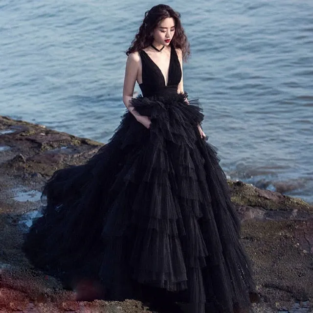 Stunning Gothic Backless Bridal  Dress With Tulle Tiered  Ball Gown Skirt And Deep V-neck