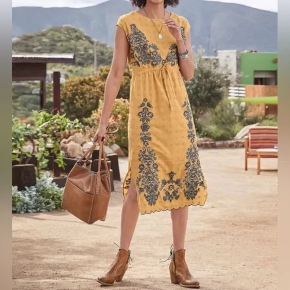 Sundance Felicity Mustard Yellow Floral Embroidered Midi Shift Dress
