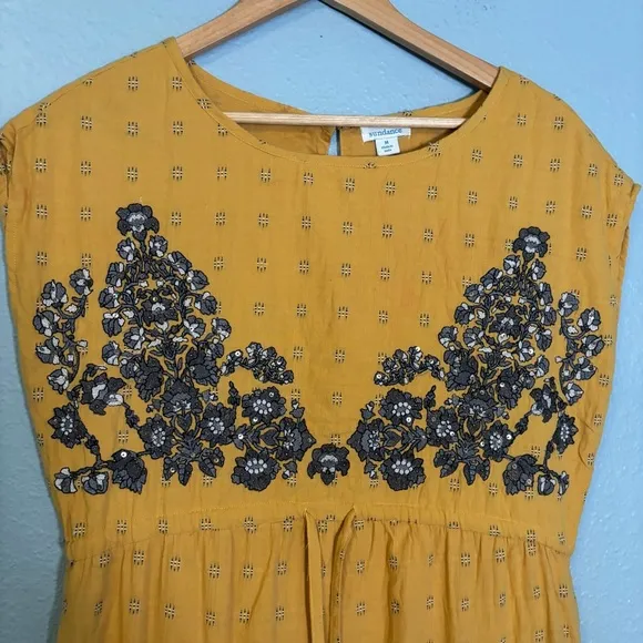 Sundance Felicity Mustard Yellow Floral Embroidered Midi Shift Dress