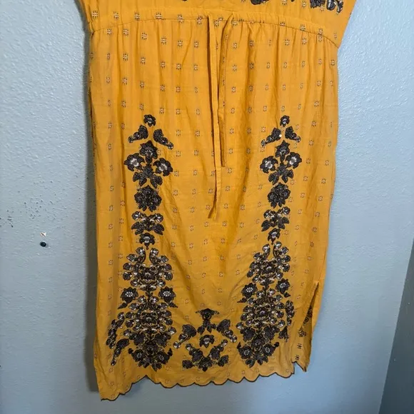 Sundance Felicity Mustard Yellow Floral Embroidered Midi Shift Dress