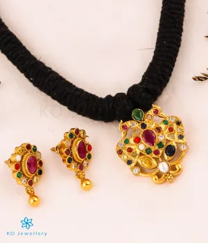 The Avani Gandaberunda Silver Navratna Thread Necklace (Black)