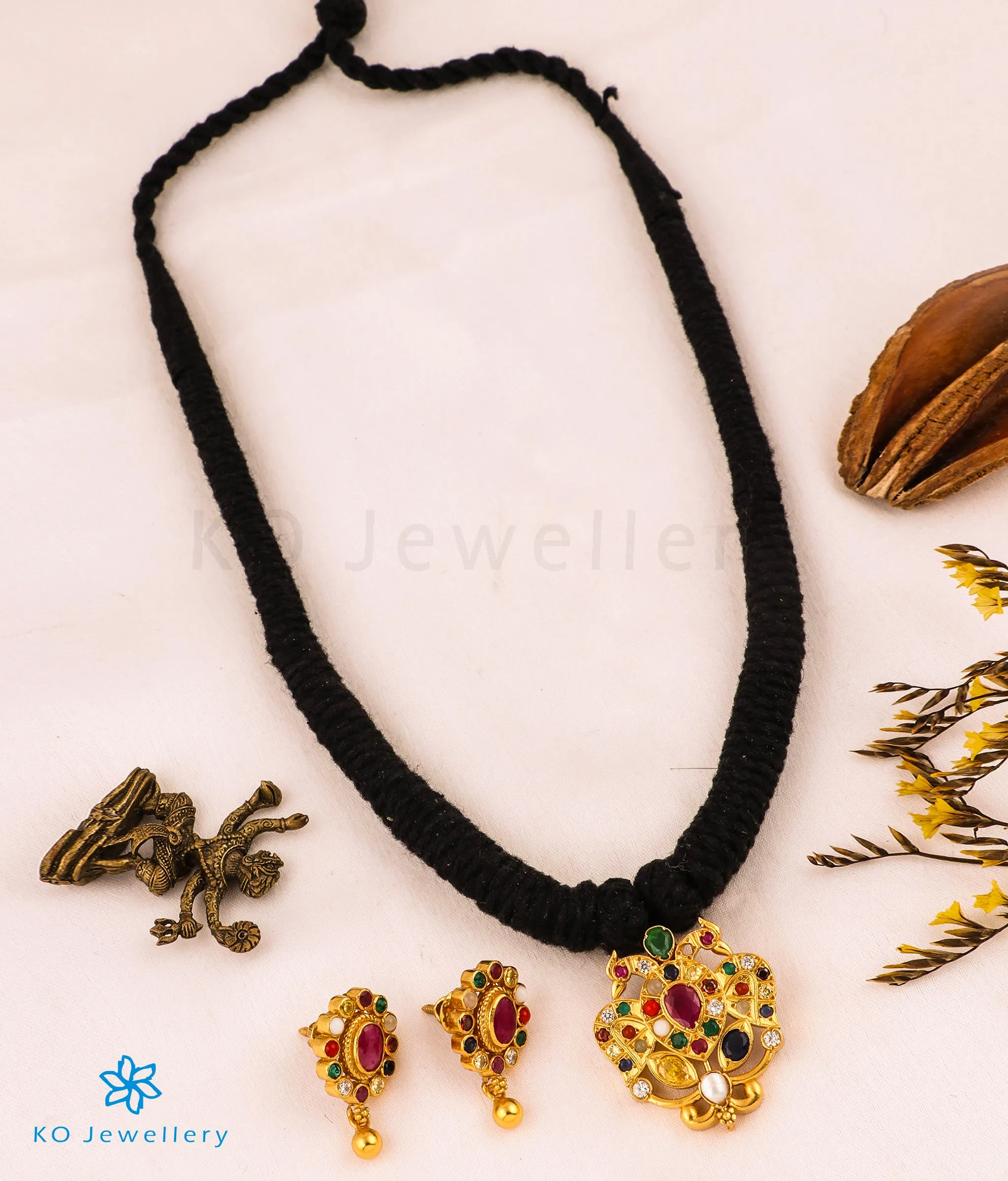 The Avani Gandaberunda Silver Navratna Thread Necklace (Black)