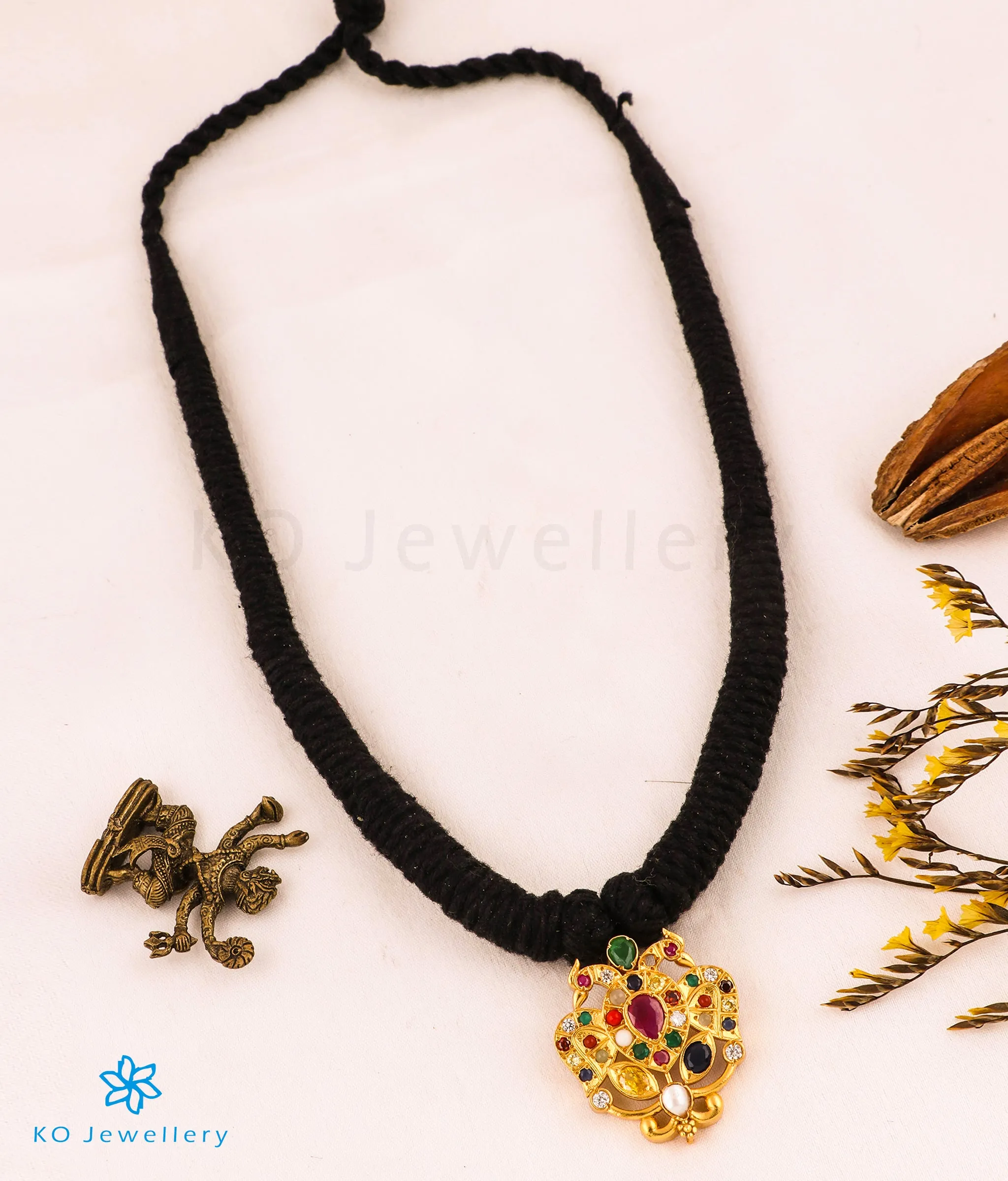 The Avani Gandaberunda Silver Navratna Thread Necklace (Black)