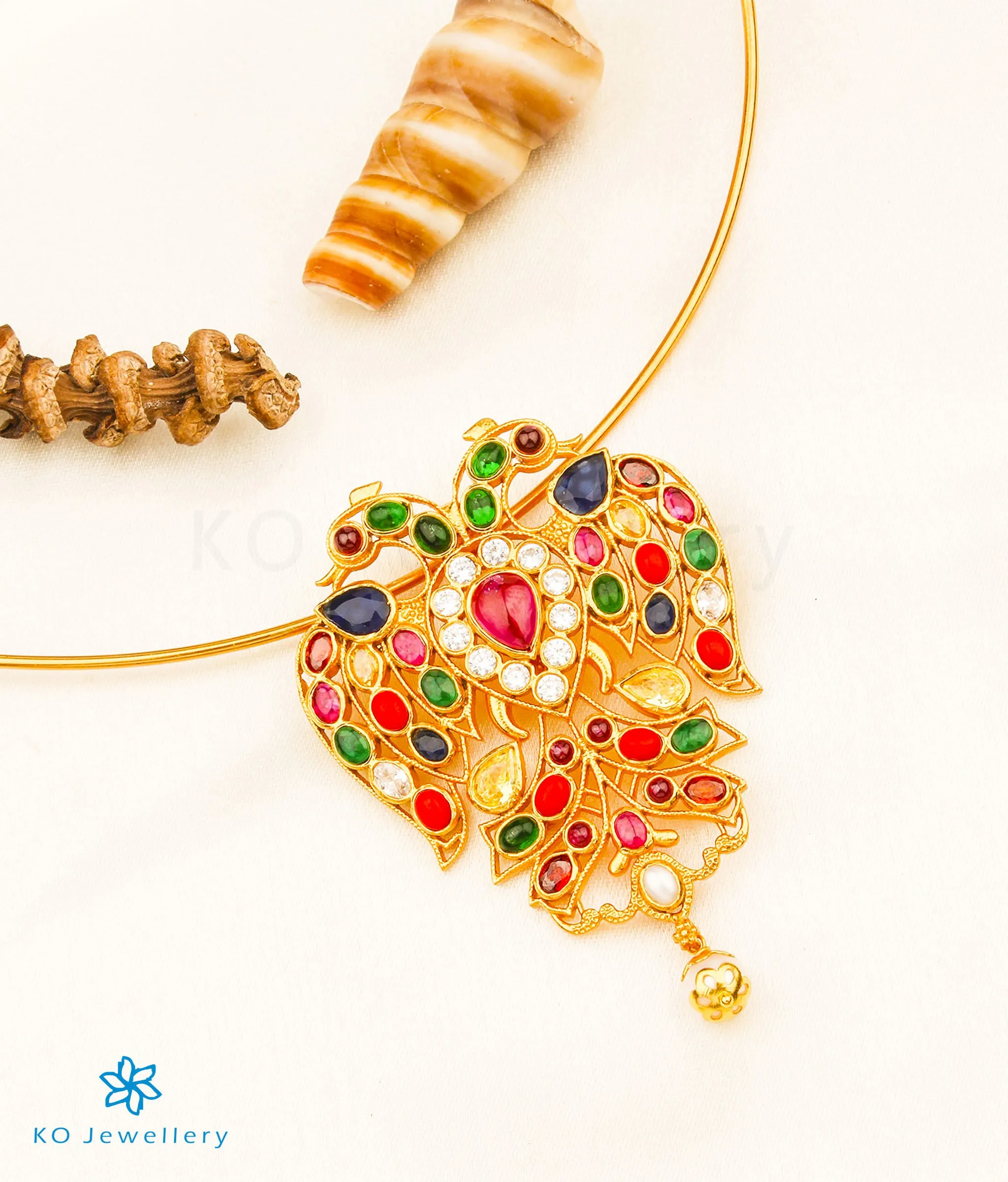 The Classic Gandaberunda Silver Navratna Pendant (Blue/Thin Chain)