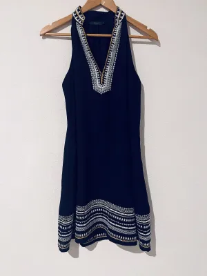 THML Womens Embroidered Navy Dress Sz S Sleeveless Knee Length