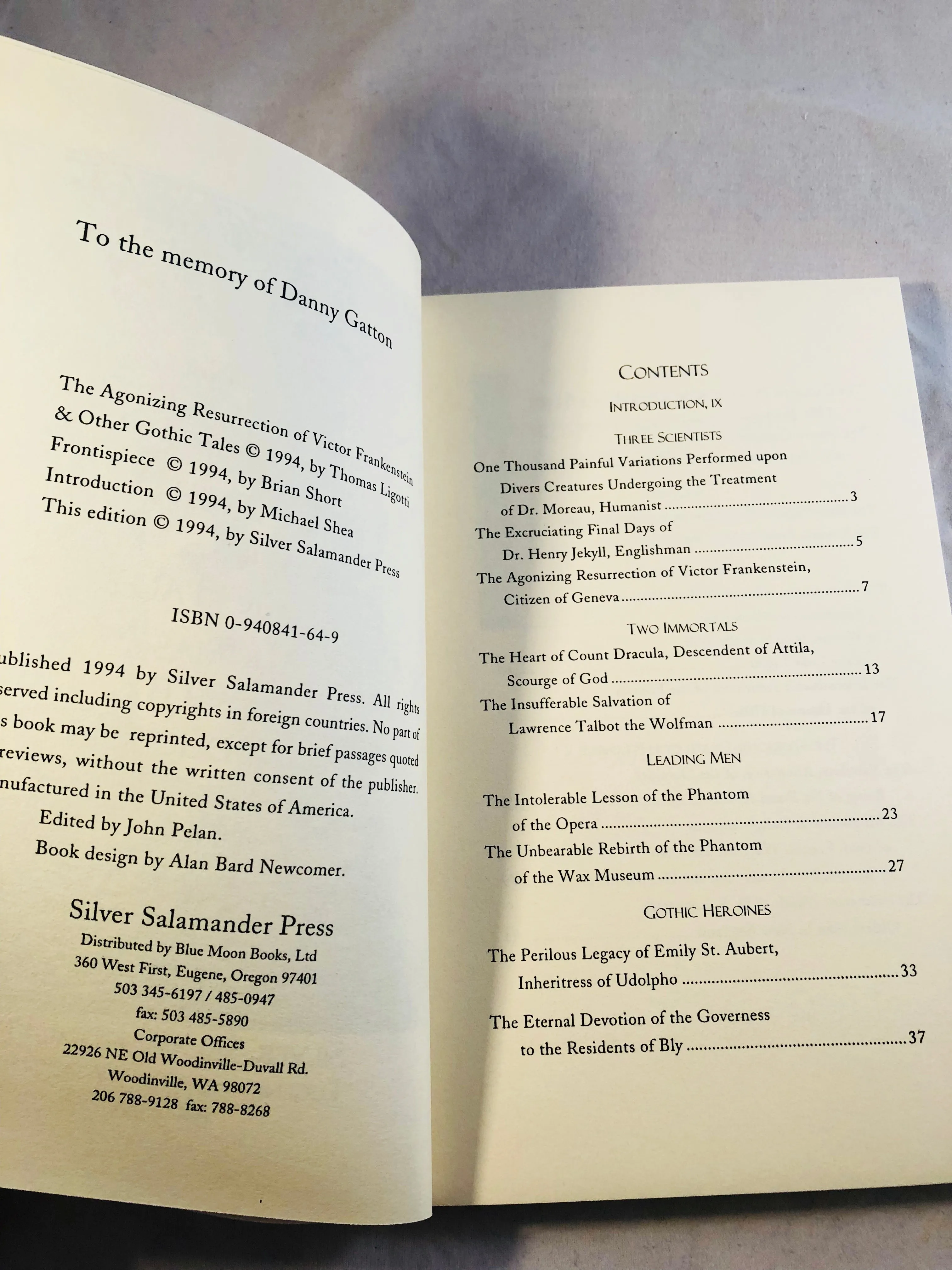 Thomas Ligotti - (soft cover)The Agonizing Resurrection of Victor Frankenstein & Other Gothic Tales, Silver Salamander Press 1994, Signed