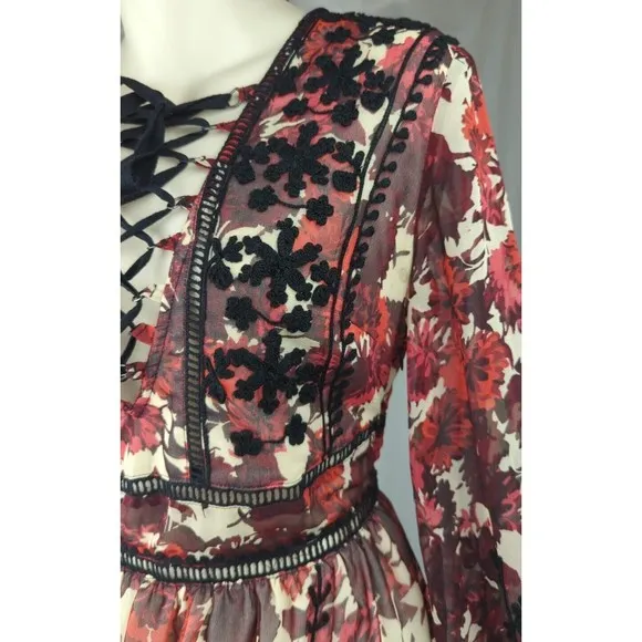 TOPSHOP Embroidered Midi Dress Floral Crochet Corset Balloon Sleeve Boho Sheer 6
