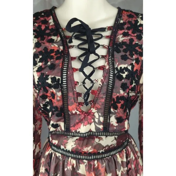 TOPSHOP Embroidered Midi Dress Floral Crochet Corset Balloon Sleeve Boho Sheer 6