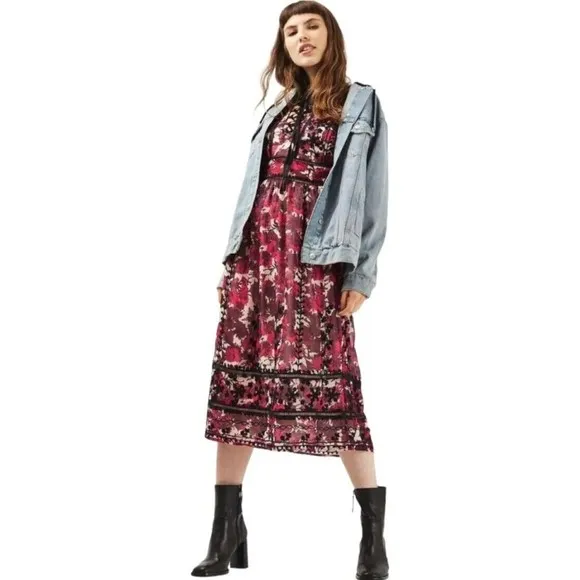 TOPSHOP Embroidered Midi Dress Floral Crochet Corset Balloon Sleeve Boho Sheer 6