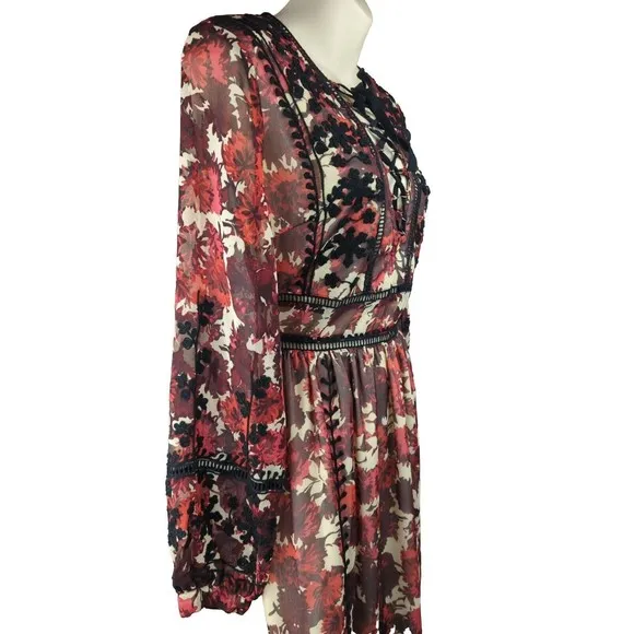 TOPSHOP Embroidered Midi Dress Floral Crochet Corset Balloon Sleeve Boho Sheer 6