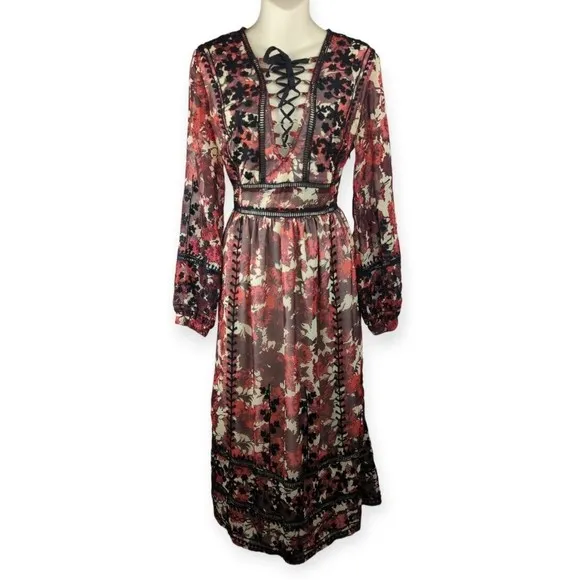 TOPSHOP Embroidered Midi Dress Floral Crochet Corset Balloon Sleeve Boho Sheer 6