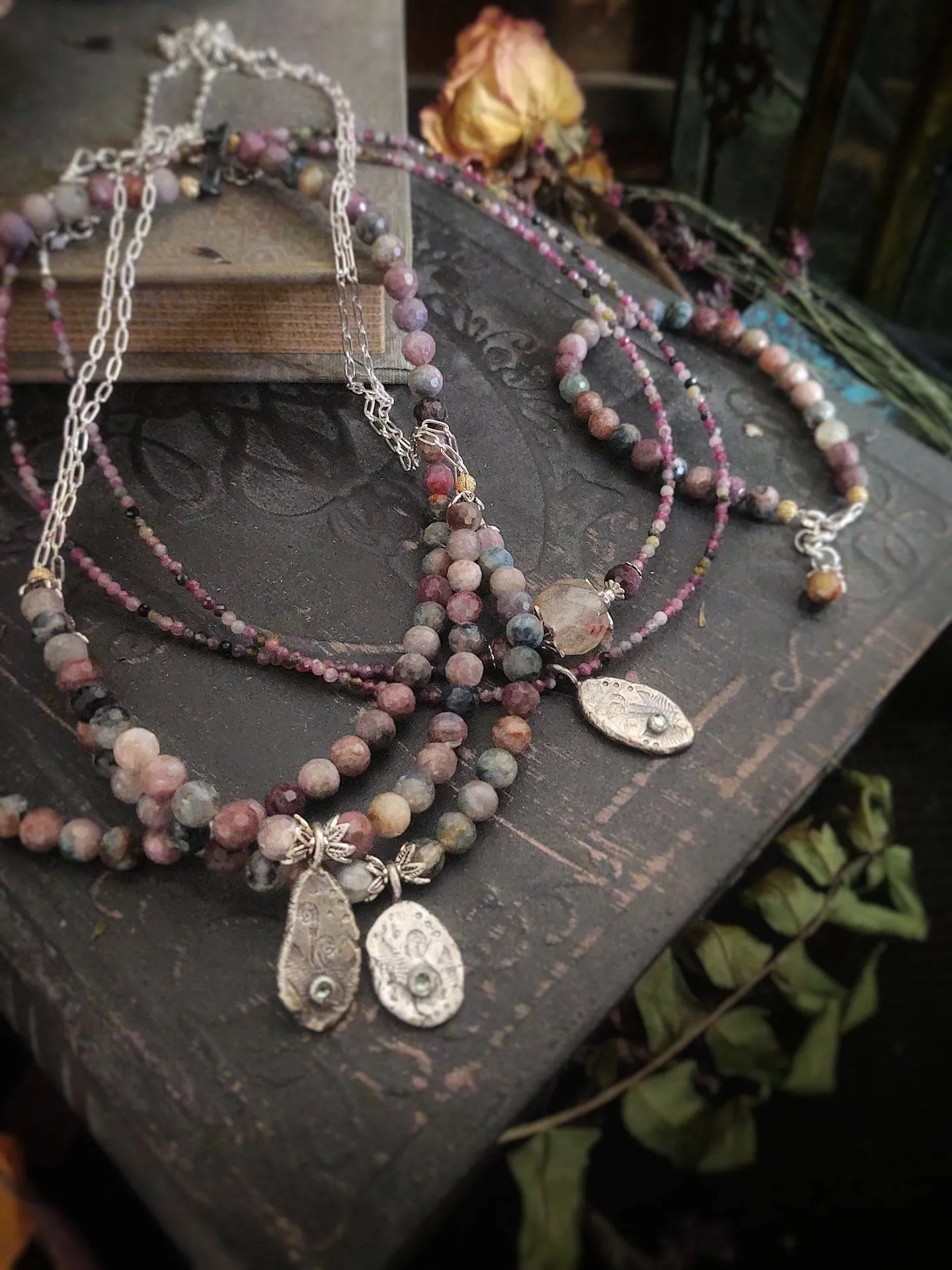 Tourmaline Beaded Necklace - Silver Fern Charm