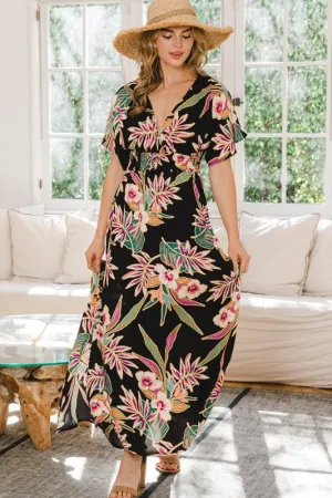 TROPICAL PRINT WRAP MAXI DRESS