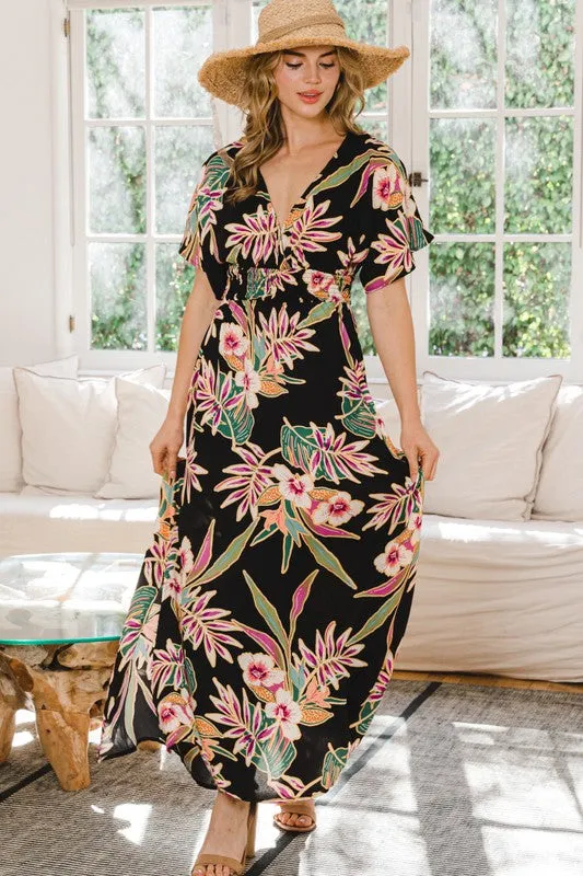 TROPICAL PRINT WRAP MAXI DRESS
