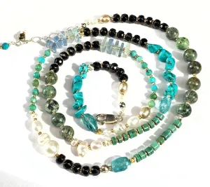 Turquoise Wrap Bracelet Necklace with Freshwater Pearl, Black Onyx, Apatite