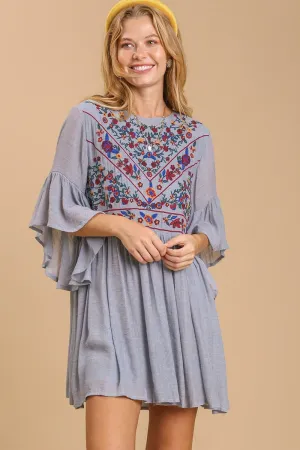 Umgee Full Size Floral Embroidered 3/4 Bell Sleeve Keyhole Dress Plus Size