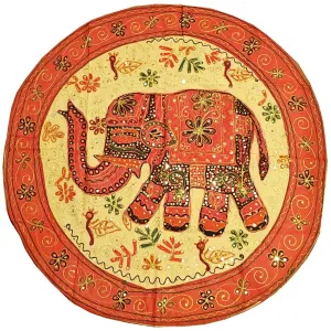 Unique Aari Work Design Embroidered Cotton Sequin Fabric Round Backdrop Elephant Circle Banner - 33" Diameter
