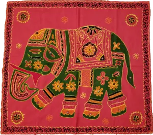Unique Aari Work Design Embroidered Red Cotton Fabric Square Elephant Banner -  32" x 29.50"