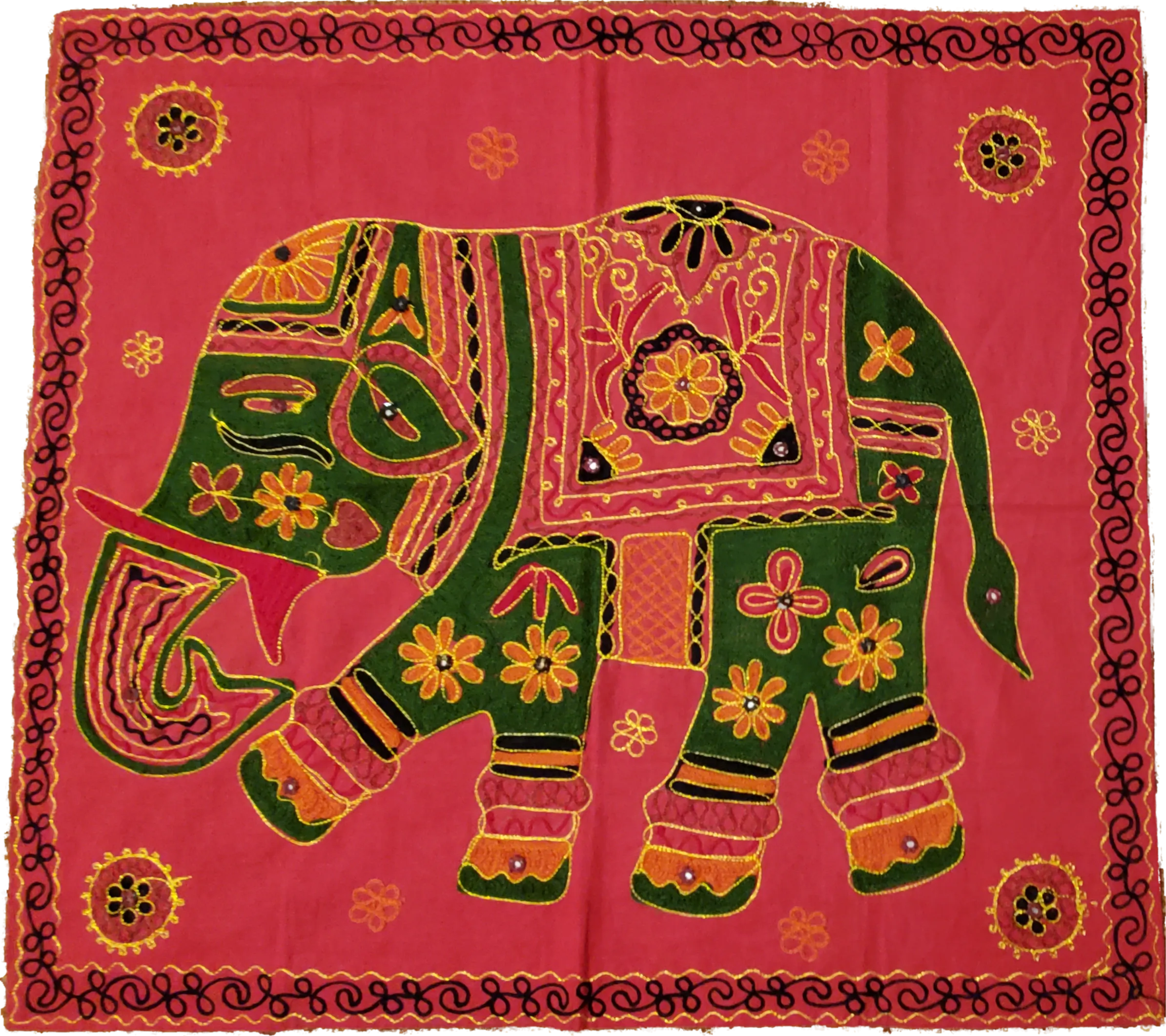 Unique Aari Work Design Embroidered Red Cotton Fabric Square Elephant Banner -  32" x 29.50"