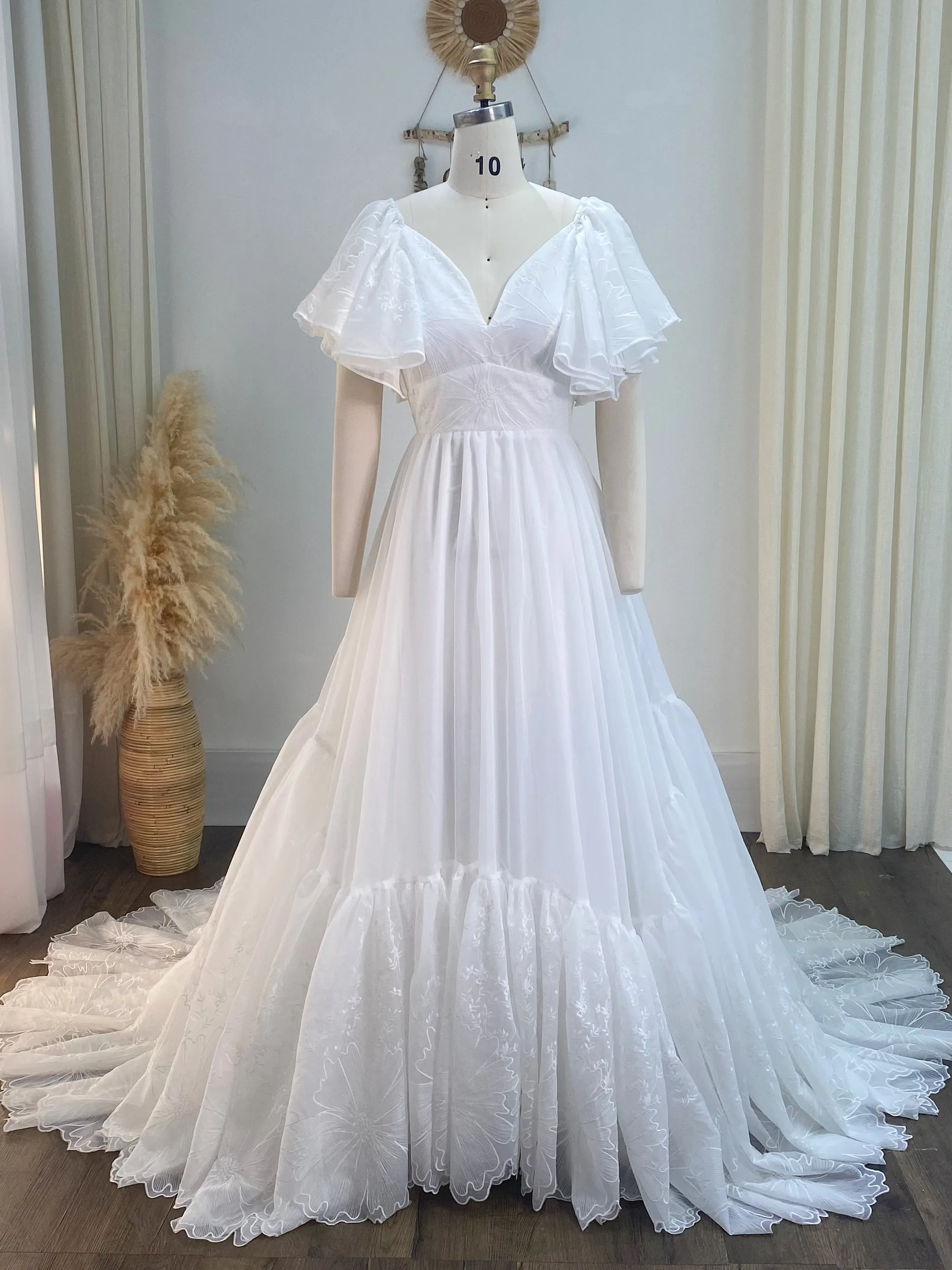 V Neck Embroidered Bohemian Lace Bridal Dress Boho Maxi Dress for Weddings YW240080-1