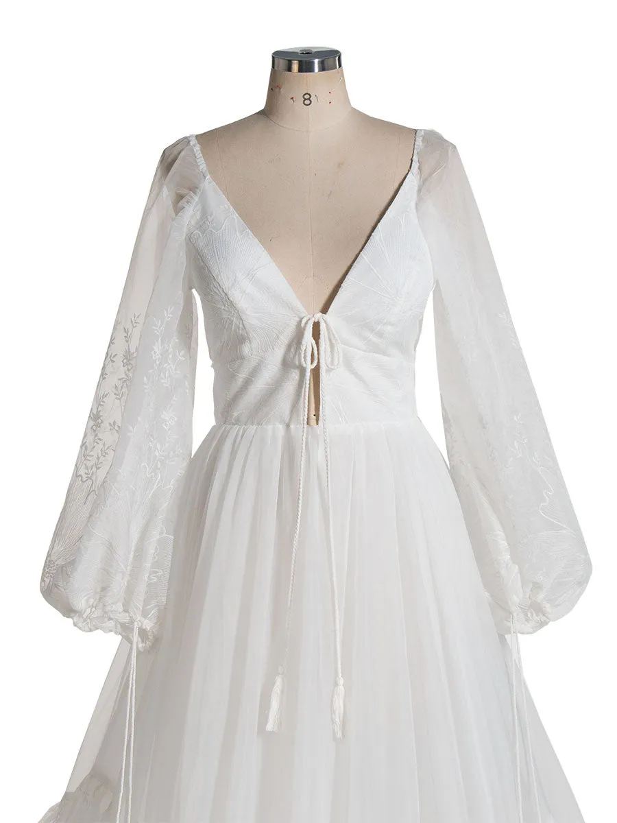 V Neck Embroidered Bohemian Lace Bridal Dress with Long Sleeves Boho Maxi Dress for Weddings YW240080