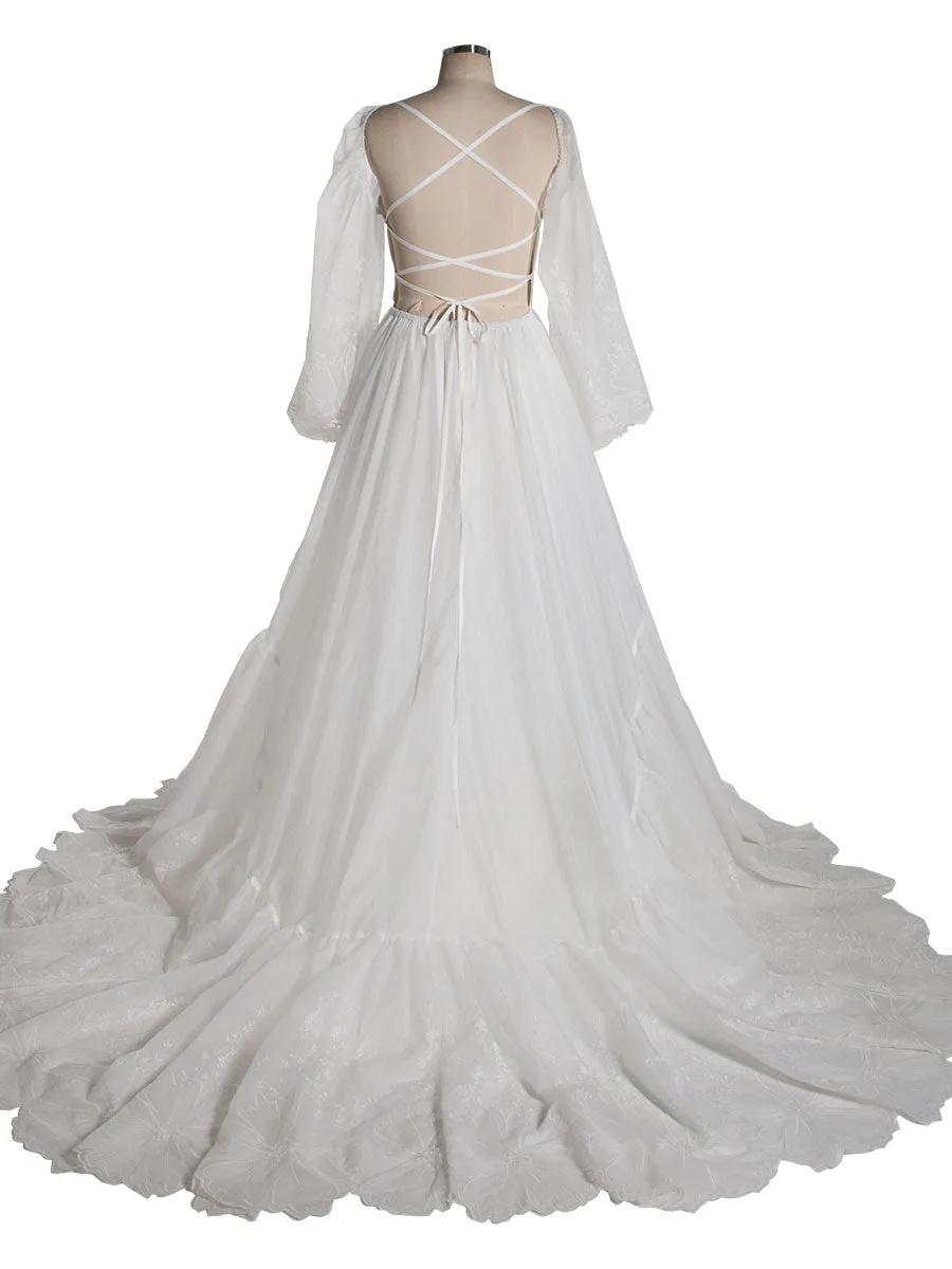 V Neck Embroidered Bohemian Lace Bridal Dress with Long Sleeves Boho Maxi Dress for Weddings YW240080