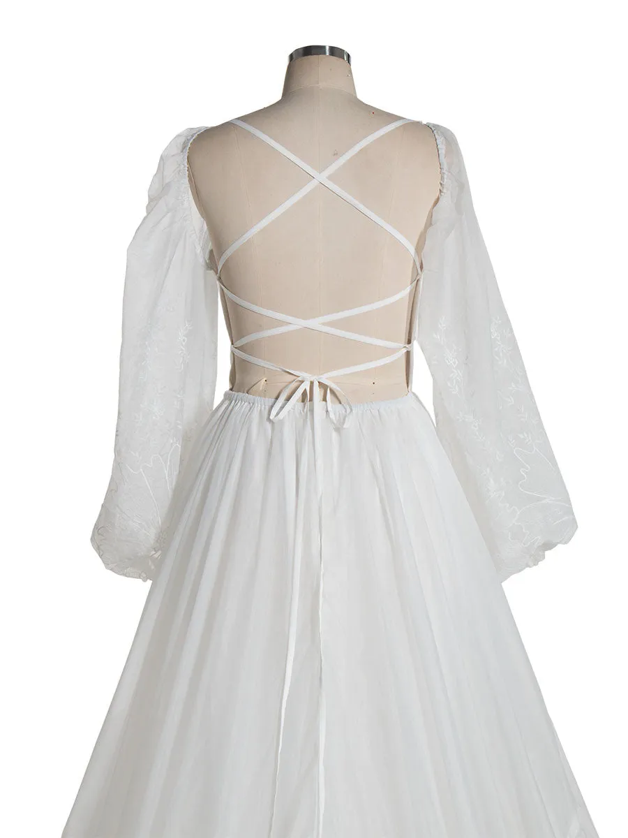 V Neck Embroidered Bohemian Lace Bridal Dress with Long Sleeves Boho Maxi Dress for Weddings YW240080