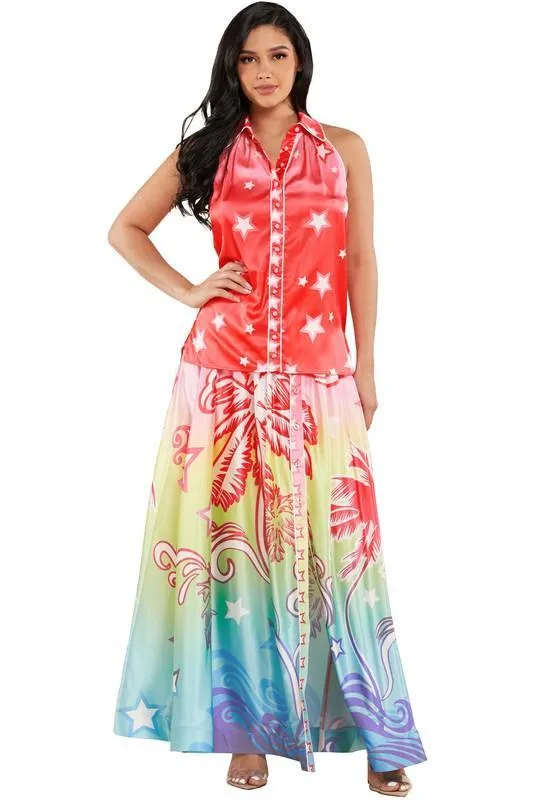 Vibrant Ombre Tropical Print Top and Skirt Set