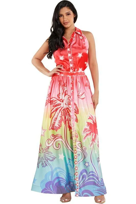 Vibrant Ombre Tropical Print Top and Skirt Set