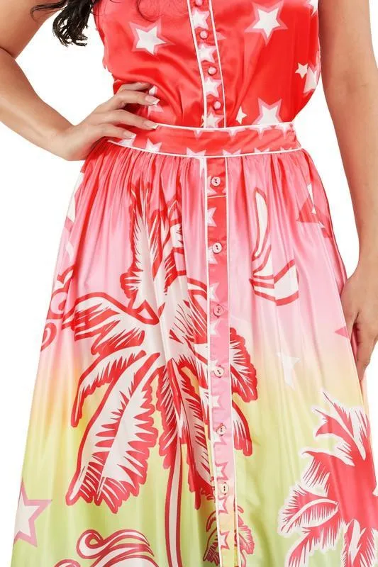 Vibrant Ombre Tropical Print Top and Skirt Set