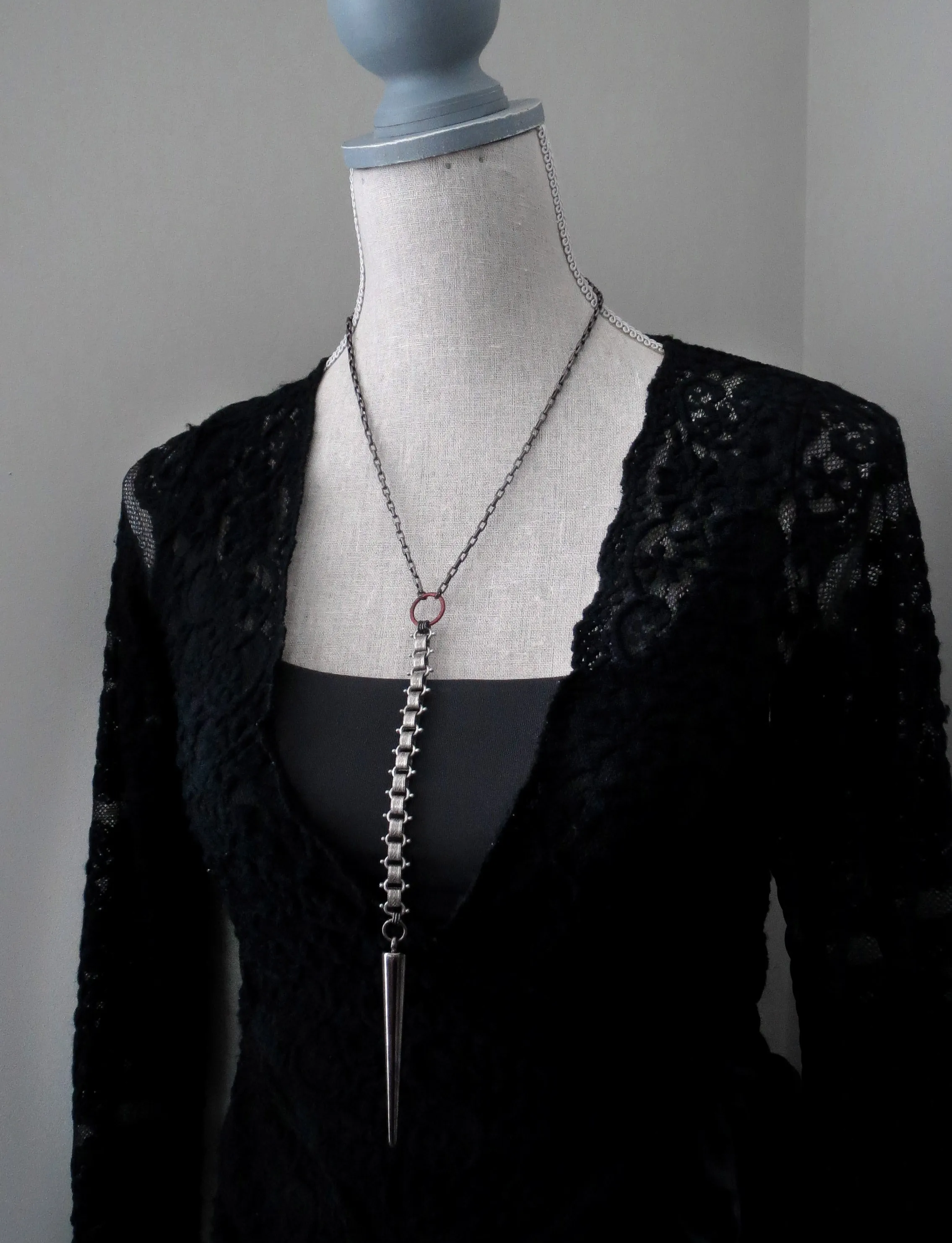 VICTORY - Long Y Necklace with Large Gunmetal Spike with Vintage Style Chain