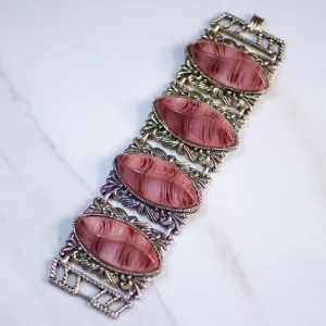 Vintage Gothic Revival Wide Panel Bracelet with Rose Lucite