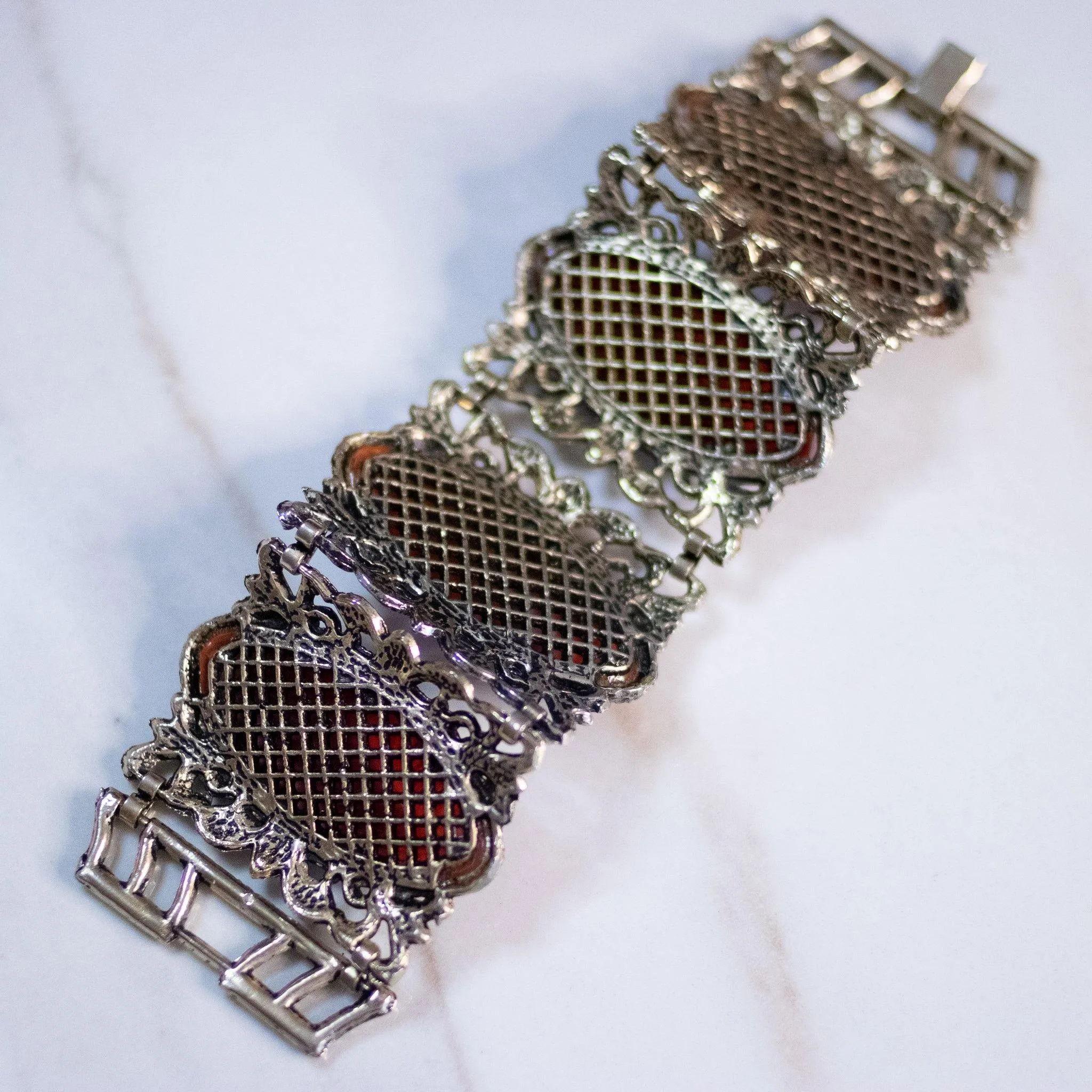 Vintage Gothic Revival Wide Panel Bracelet with Rose Lucite
