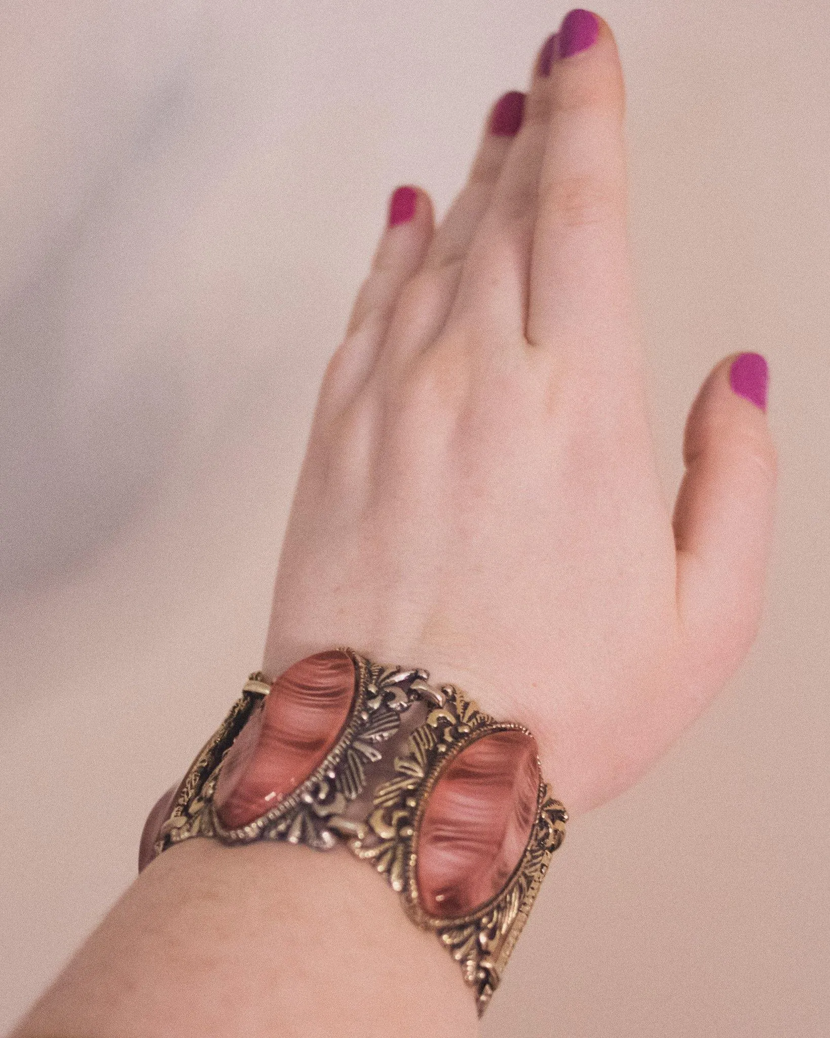 Vintage Gothic Revival Wide Panel Bracelet with Rose Lucite