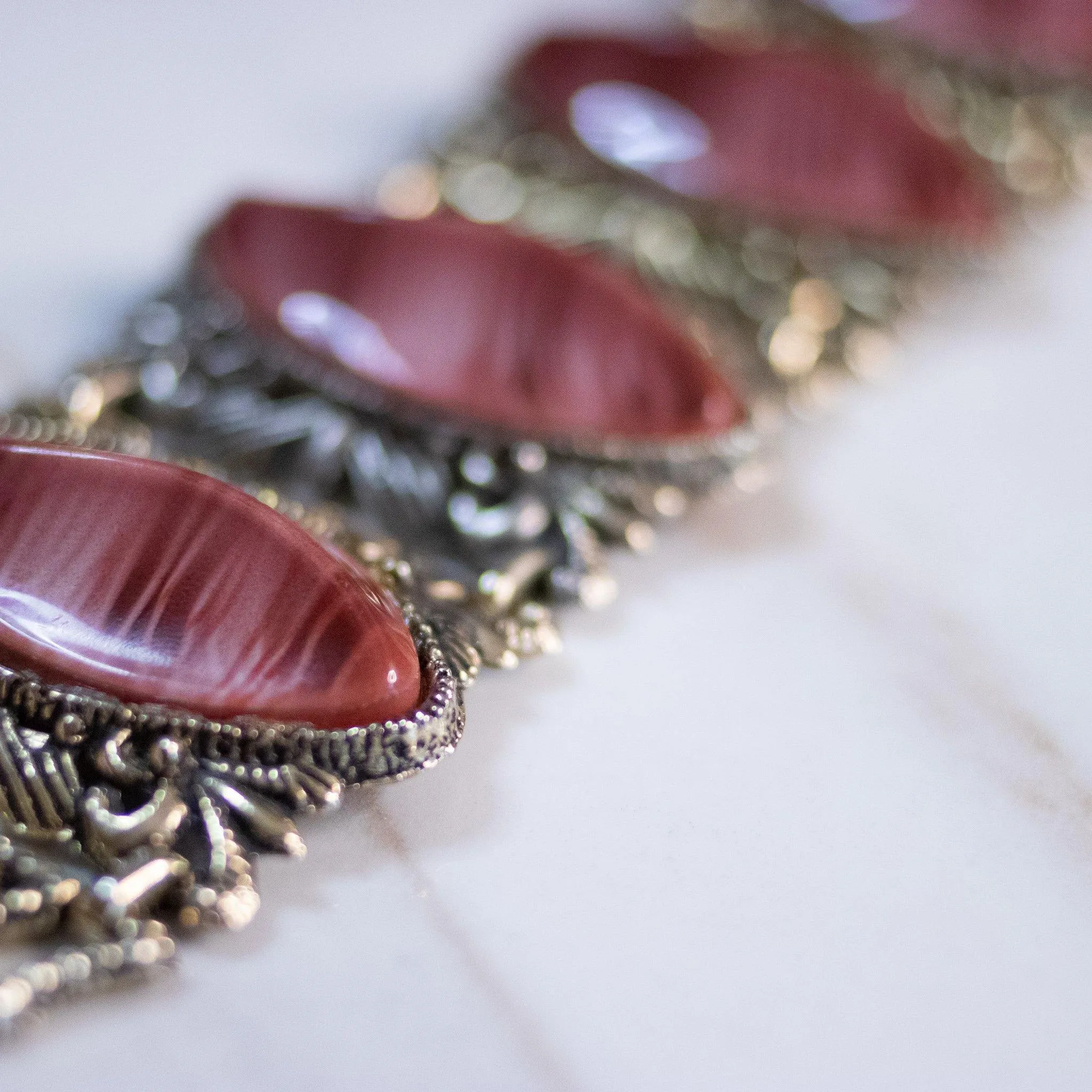 Vintage Gothic Revival Wide Panel Bracelet with Rose Lucite