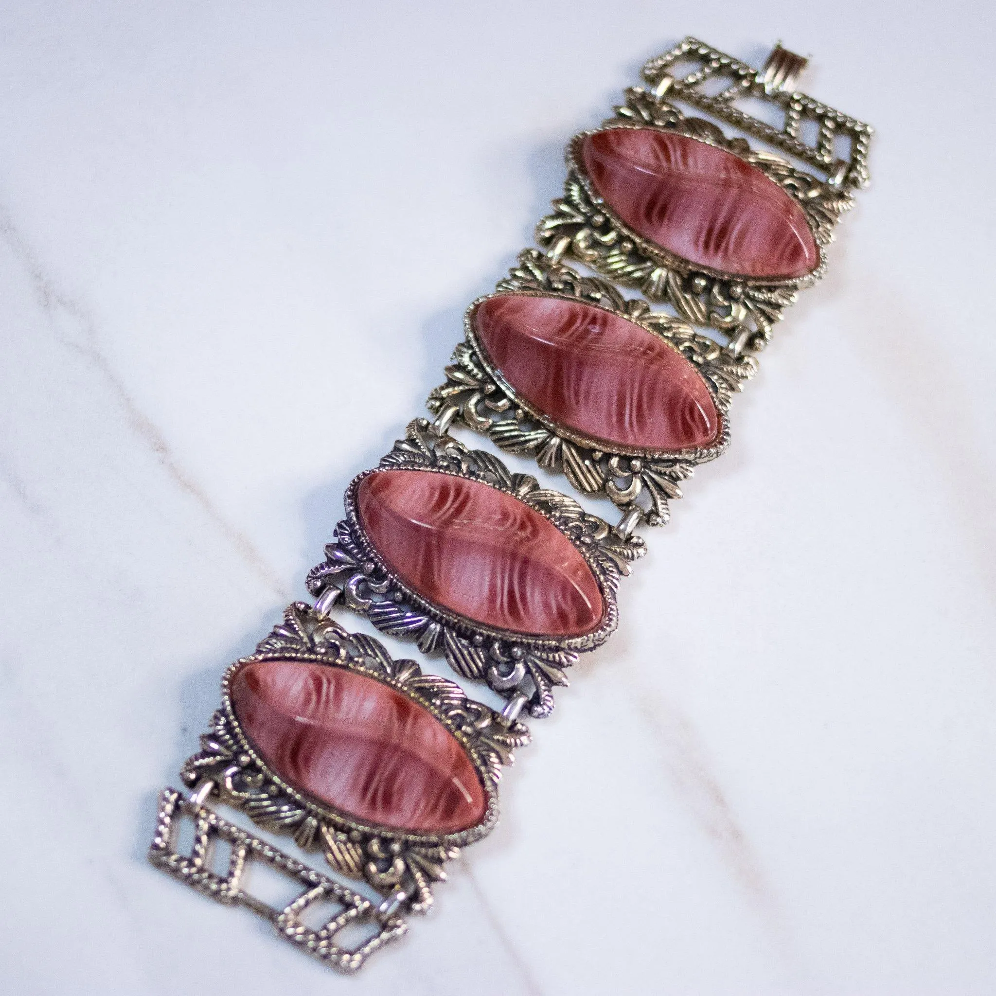 Vintage Gothic Revival Wide Panel Bracelet with Rose Lucite