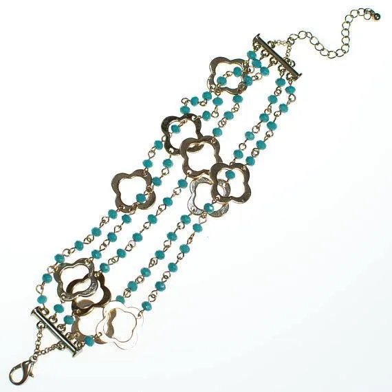 Vintage Turquoise and Quatrafoil Charm Multi Strand Bracelet