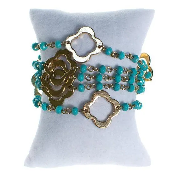 Vintage Turquoise and Quatrafoil Charm Multi Strand Bracelet