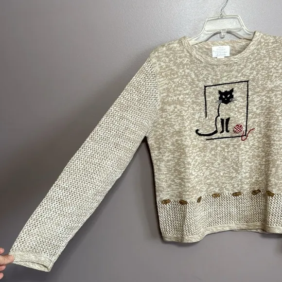 Vintage Y2K Christopher &amp; Banks Cat Embroidered Knit Crewneck Sweater Medium