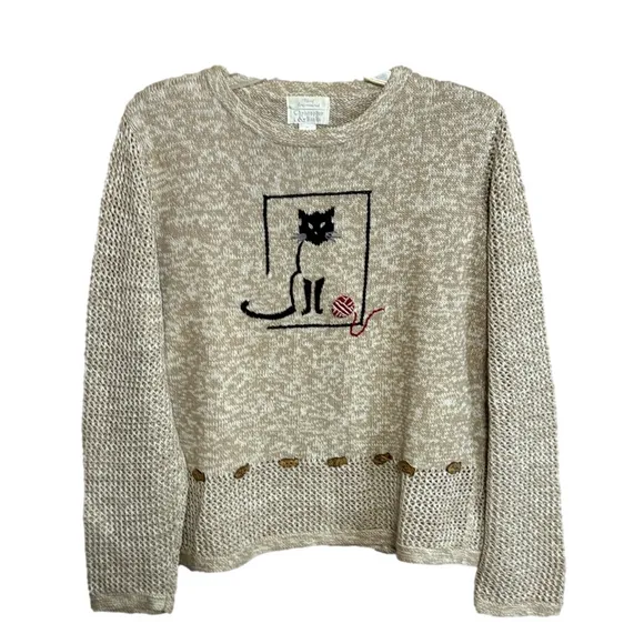 Vintage Y2K Christopher &amp; Banks Cat Embroidered Knit Crewneck Sweater Medium