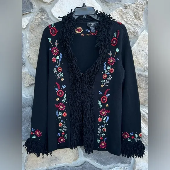VTG Colette Mordo Sadimara Embroidered Cardigan Sweater Size L Bohemian Fringe