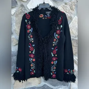 VTG Colette Mordo Sadimara Embroidered Cardigan Sweater Size L Bohemian Fringe