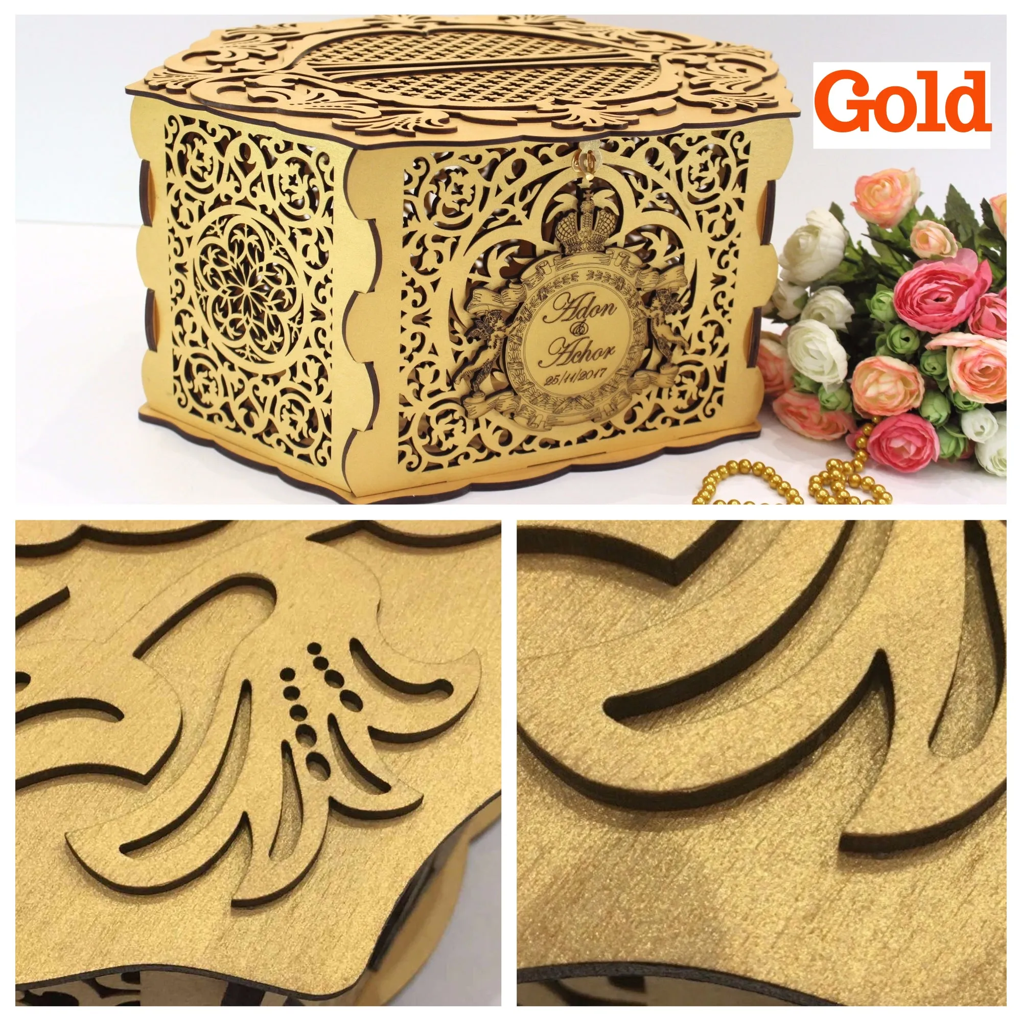 Wedding Card Box Elegant With Lock and Slot, Money Gifts Box Handmade