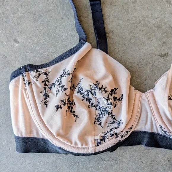 Wolford Sweet Tendril Bra Ivory Mesh Black Floral Embroidered Underwire Bra 34C