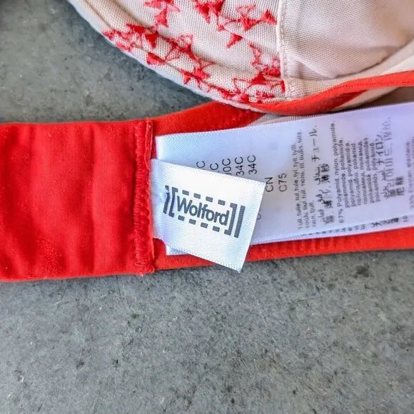 Wolford Sweet Tendril Cup Bra Ivory Red Floral Embroidered Mesh Underwire Bra