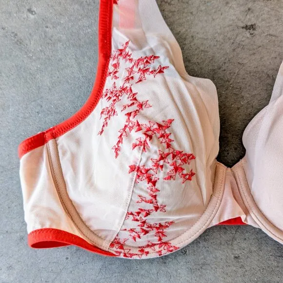 Wolford Sweet Tendril Cup Bra Ivory Red Floral Embroidered Mesh Underwire Bra