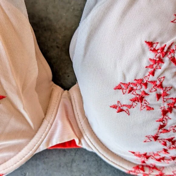 Wolford Sweet Tendril Cup Bra Ivory Red Floral Embroidered Mesh Underwire Bra