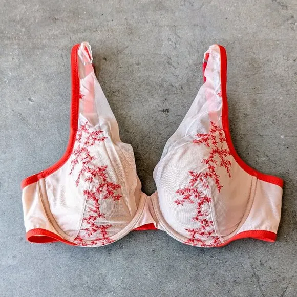 Wolford Sweet Tendril Cup Bra Ivory Red Floral Embroidered Mesh Underwire Bra
