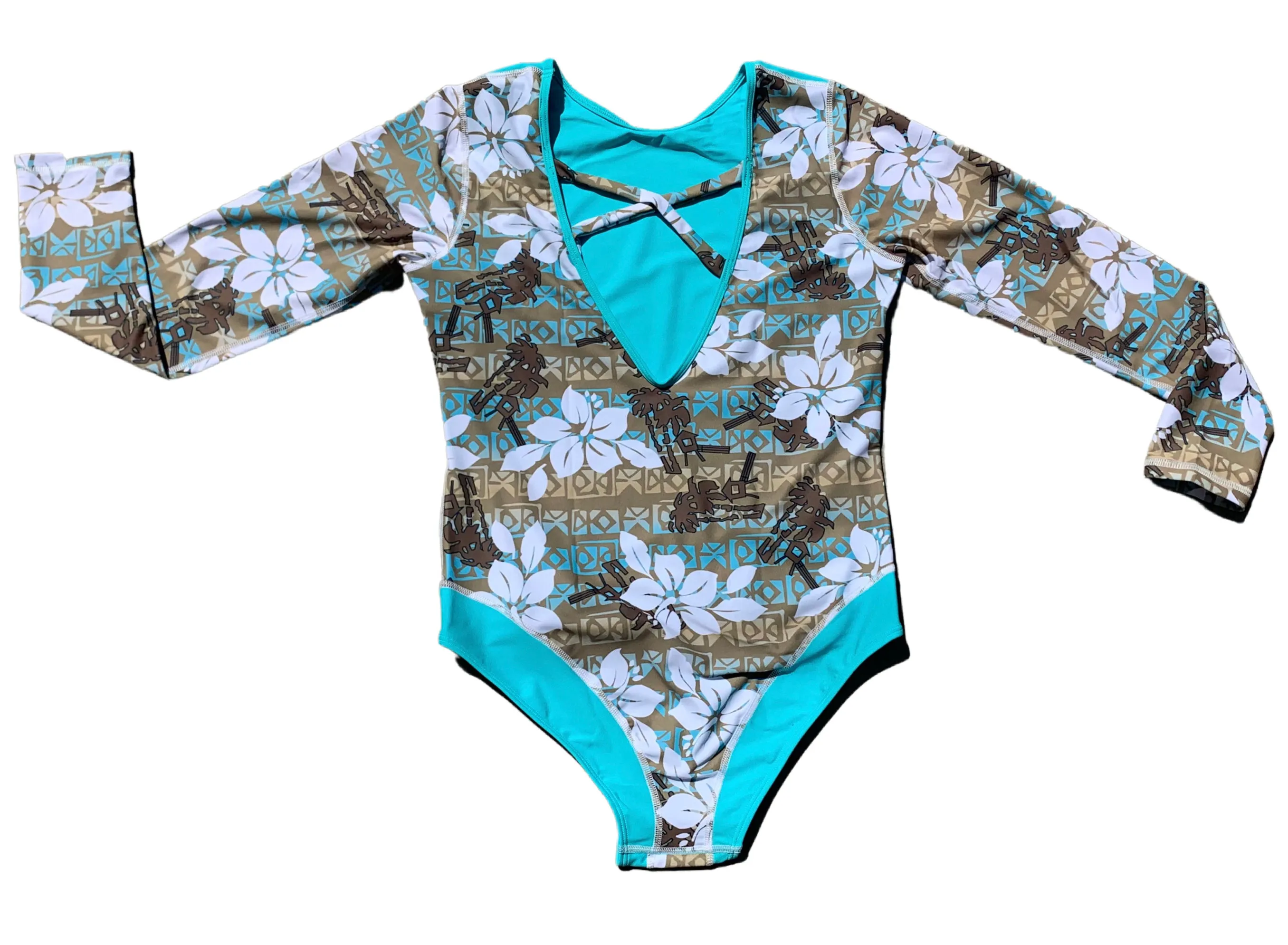 Womens Long-Sleeve Coolie-Kini ~ Ta'haha Print - Espresso / Aqua